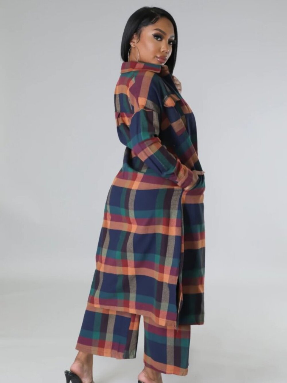 Plaid Longline Shacket & Wide-Leg Pants Set - Multicolor - Picture 2 of 12